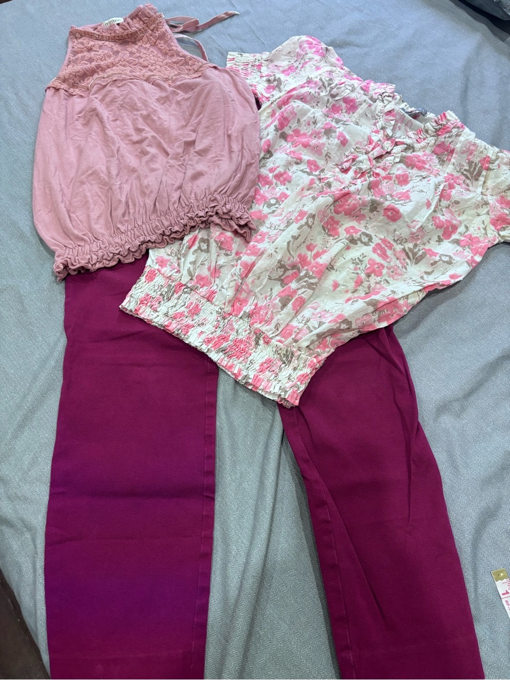 J. Crew Magenta Winnie Pants with 2 tops ( 1 halter top & floral shirred hem)